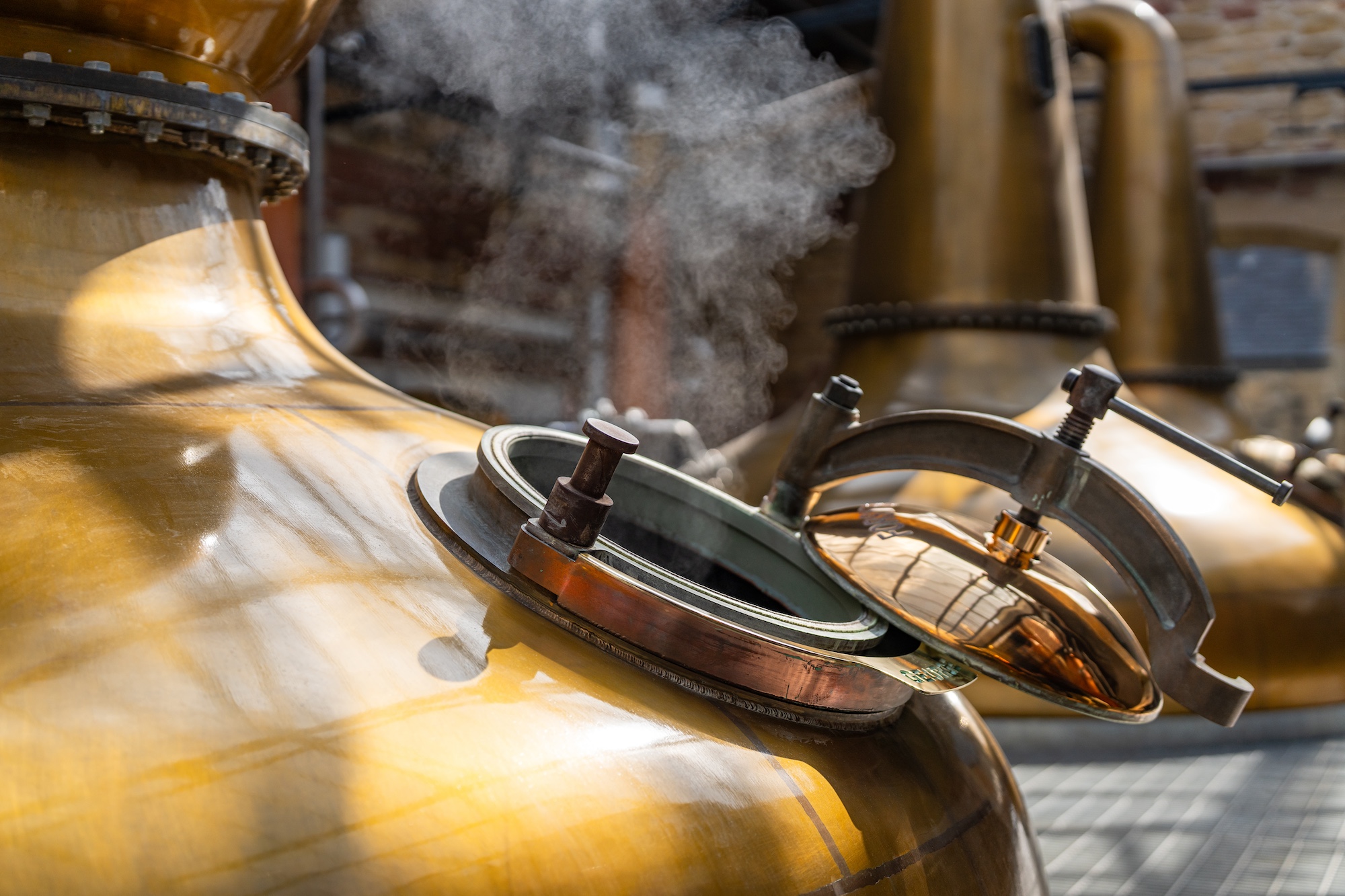 Steaming copper stills at Borders Distillery