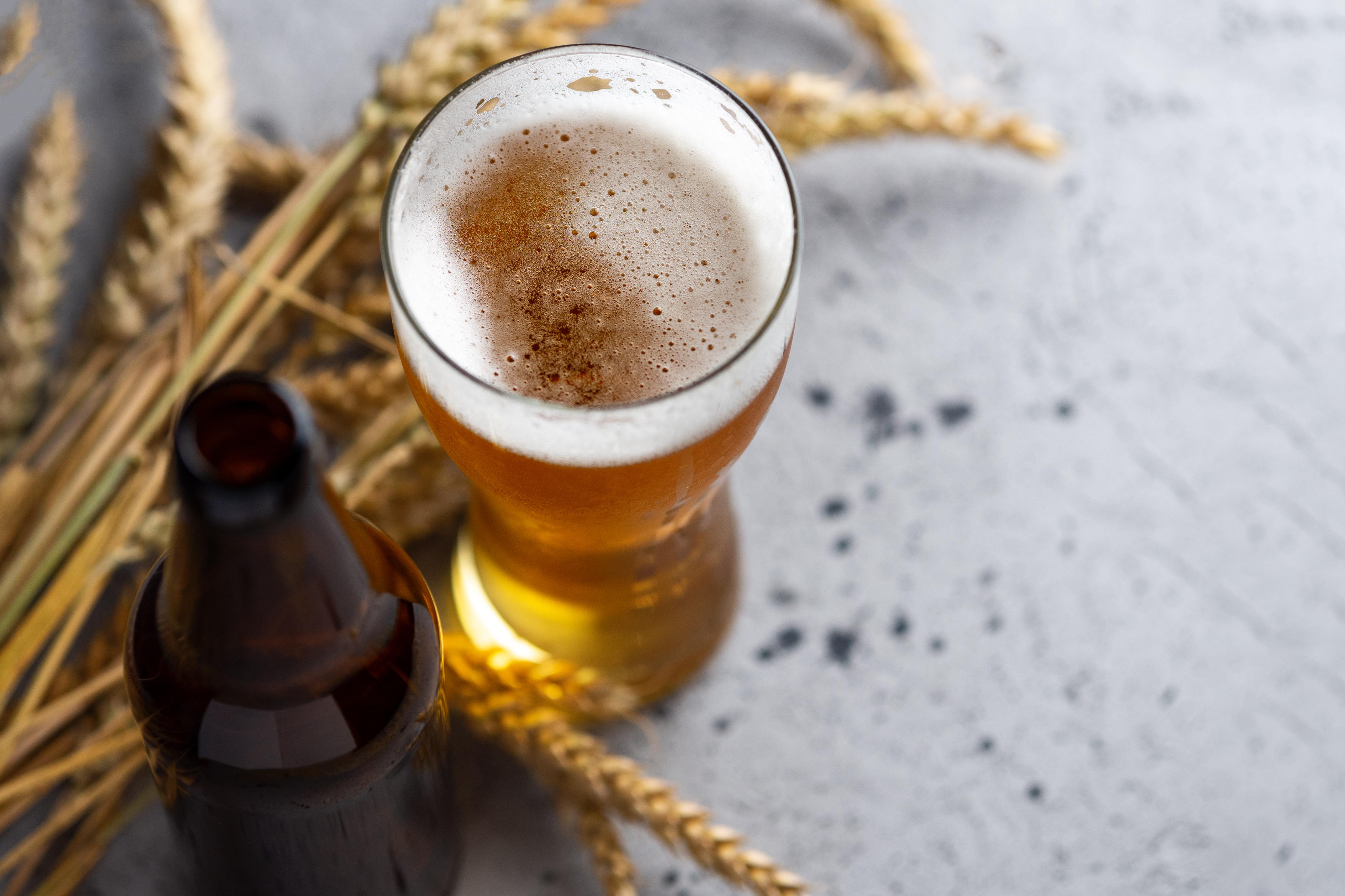 Pint and bottle of beer from above with grains in the background